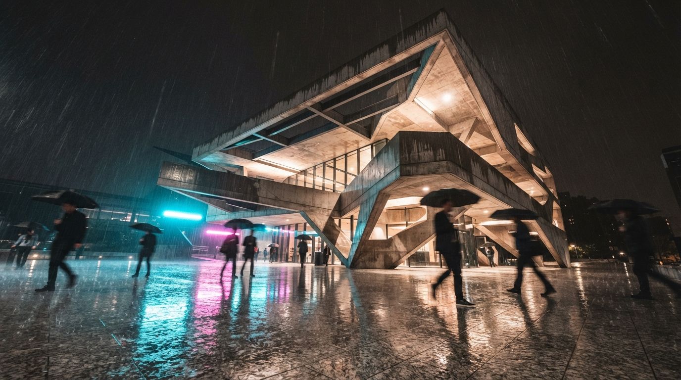 A low-angle night photograph of a wet plaza reflecting vibrant neon lighting from a modern concrete building facade as figures walk past.