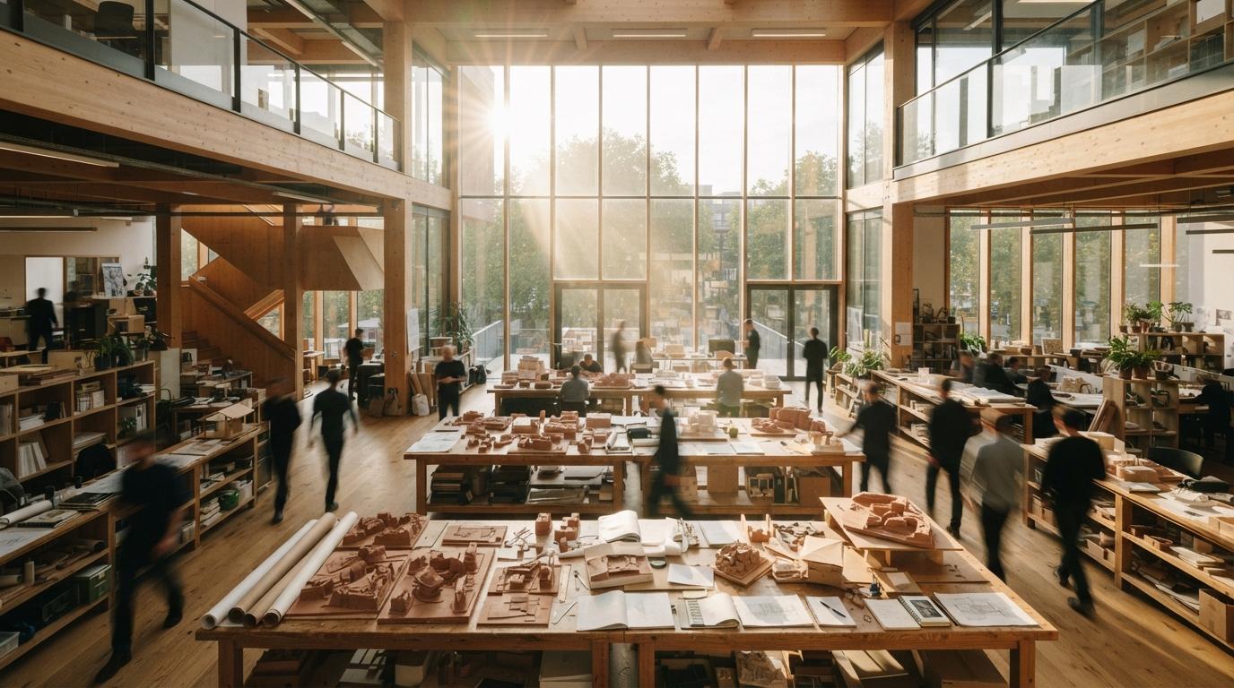 Architects work around large scale models in a bright, sunlit studio atrium.