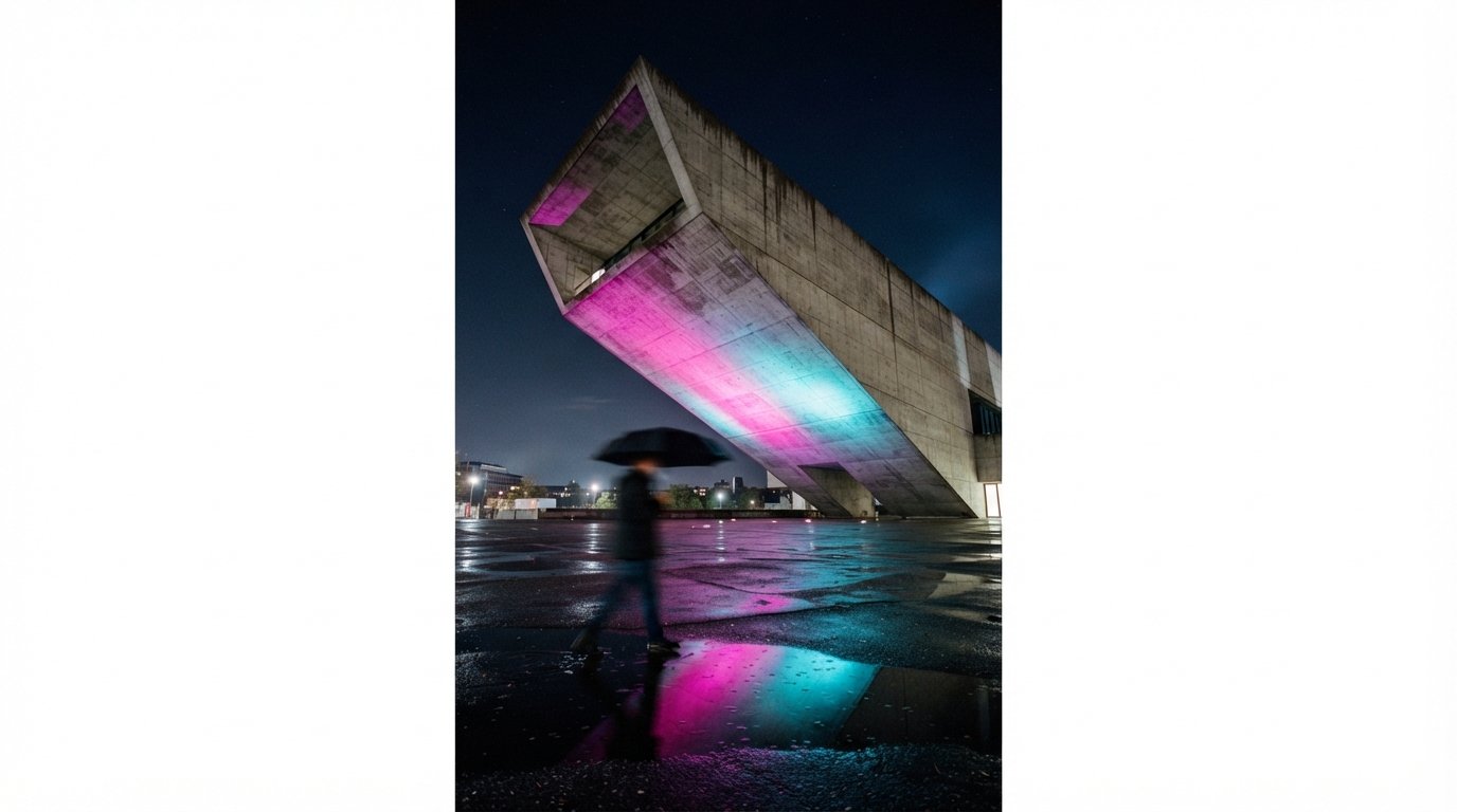 A worm's-eye view of a modern concrete museum illuminated by vibrant neon projections on a wet night.
