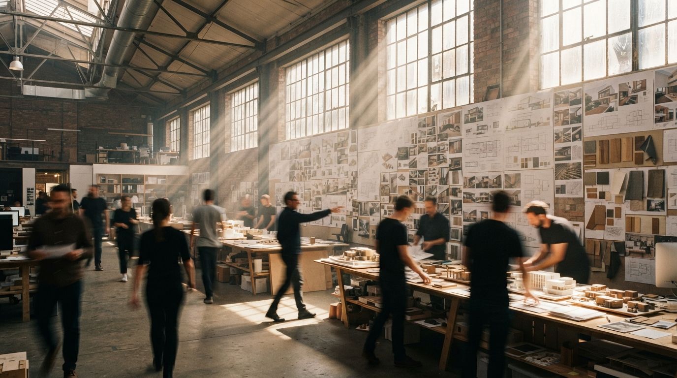 Architects walk past a large studio pin-up wall filled with printed renders and material samples.