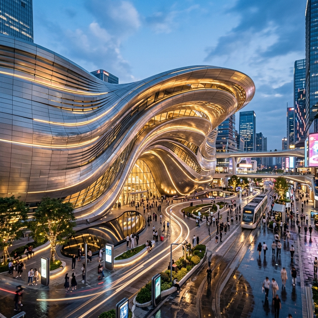 Parametric fluid architecture museum facade in a bustling futuristic city plaza using LookX