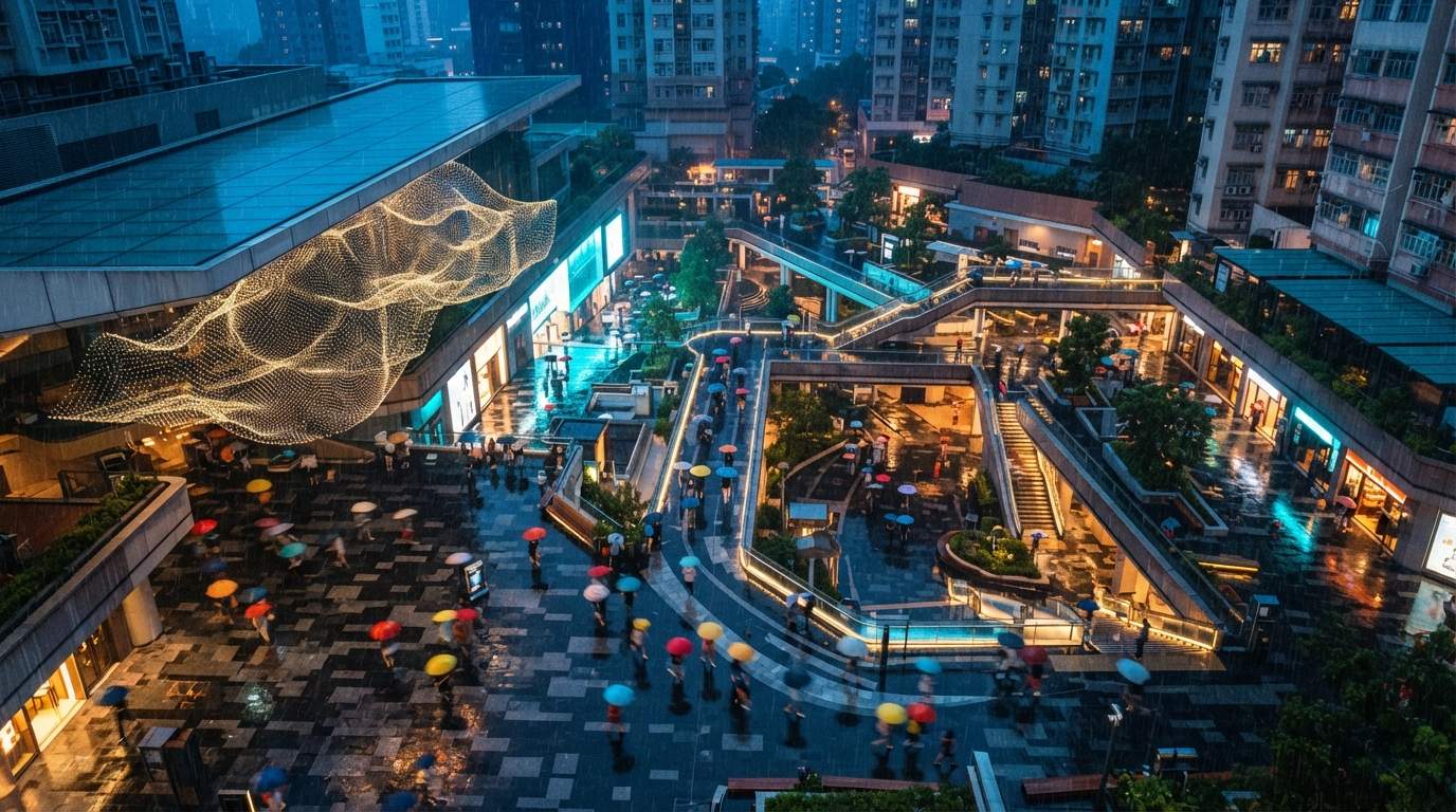 An overhead drone shot captures a rain-slicked urban plaza lit by vibrant interior neon lighting as pedestrians walk through.