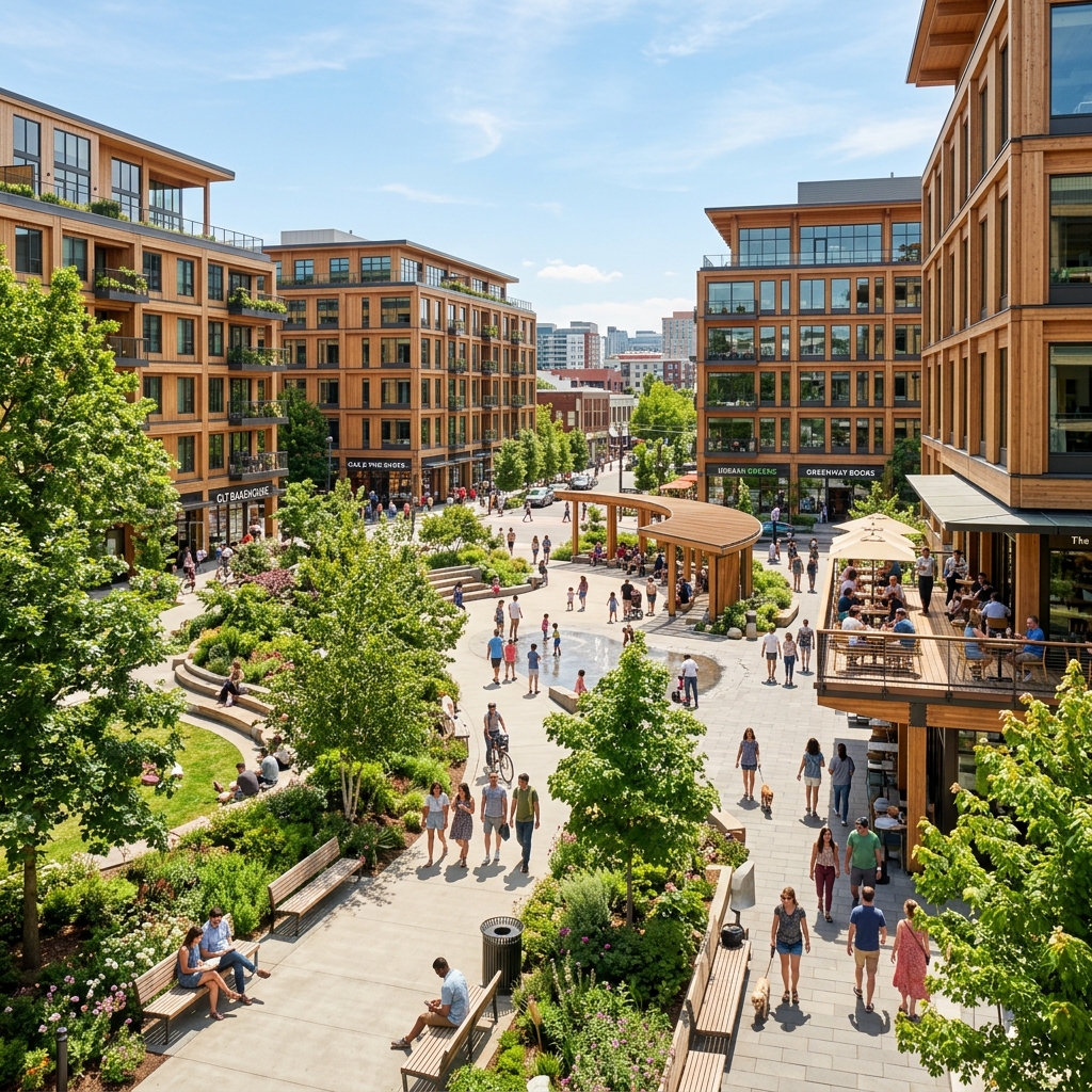Lively urban park and plaza surrounded by modern timber buildings