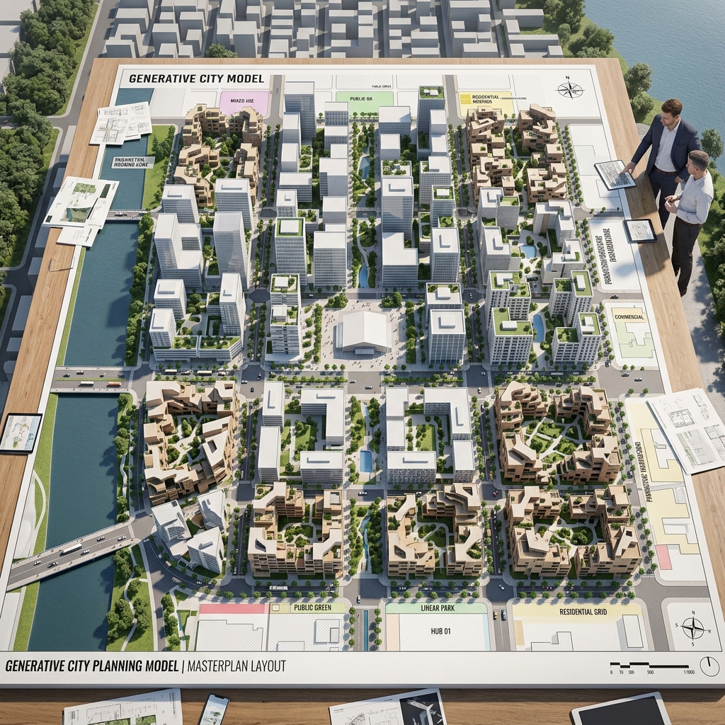 Aerial generative city planning model with clean modern massing blocks