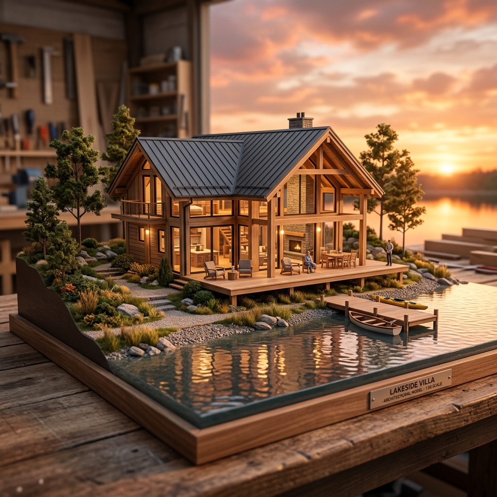 Stunning Maquete AI style photorealistic rendering of a modern timber framed villa on a lake shore