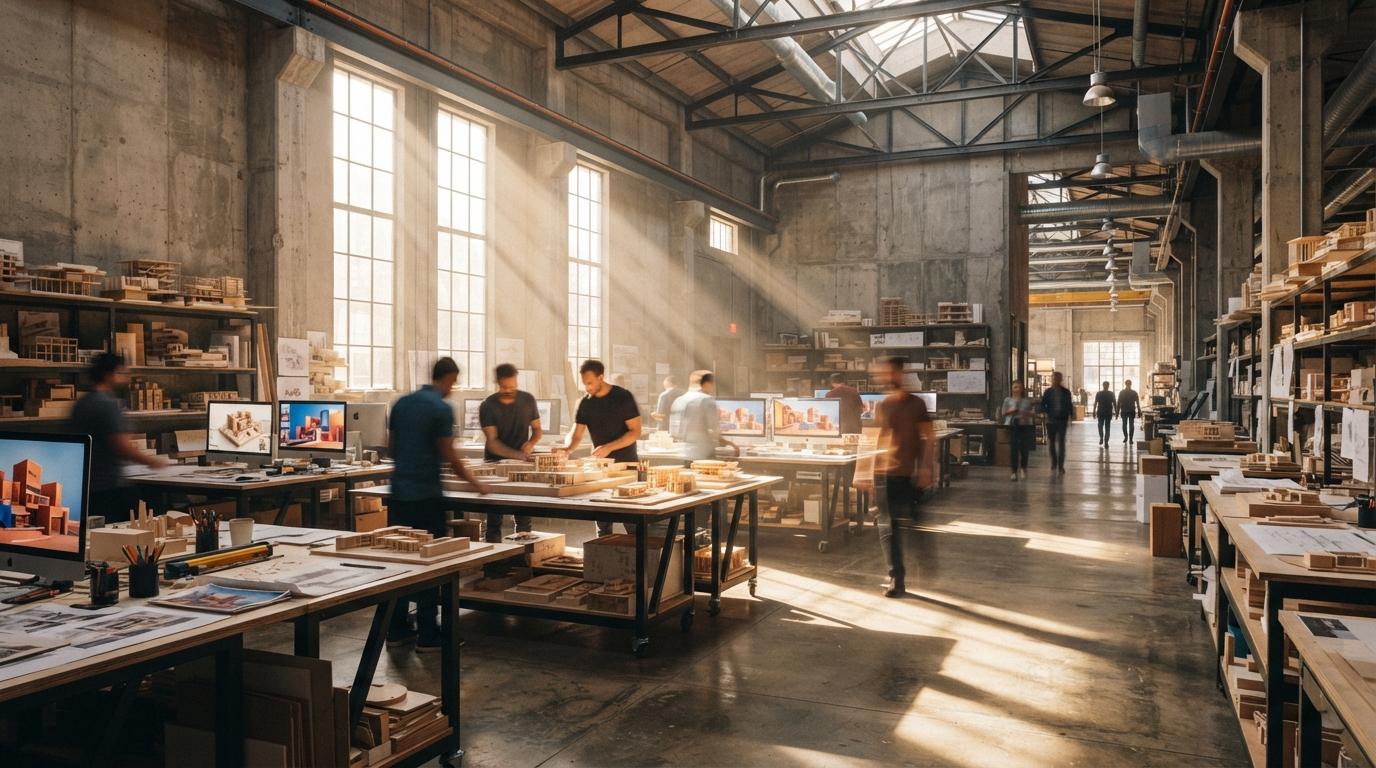 Architects work among physical scale models and glowing render screens in a sunlit concrete studio.