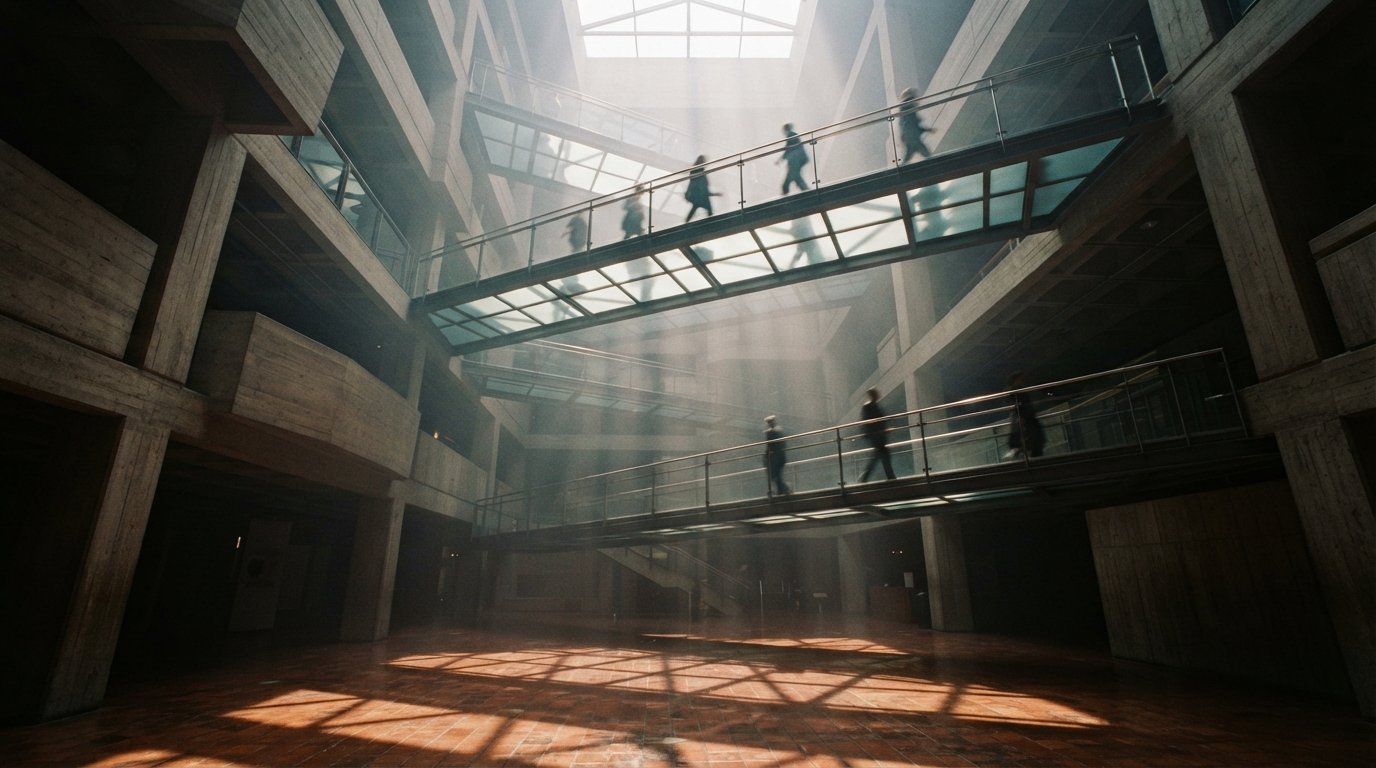 A low-angle view looking up at silhouetted figures walking on a glass catwalk inside a concrete interior.