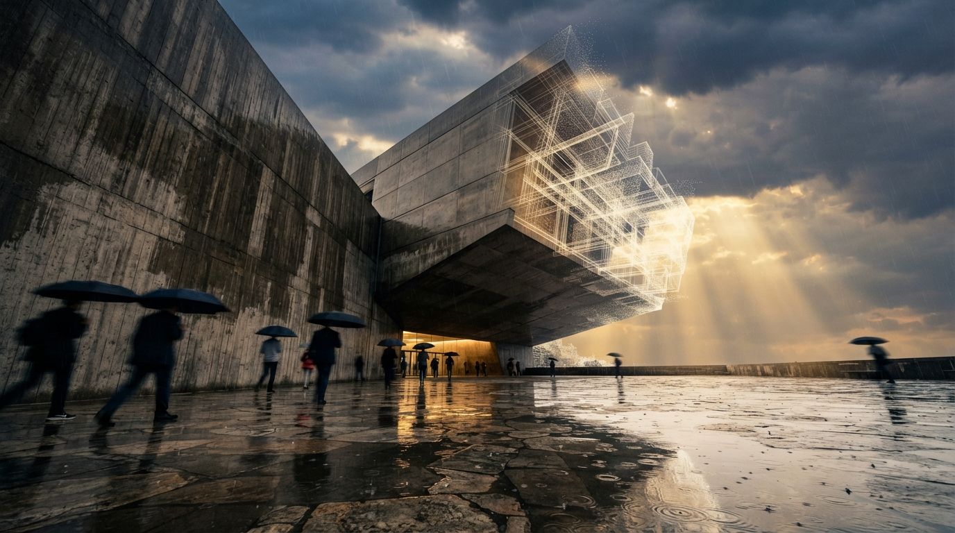 A low-angle view of a modern concrete pavilion dissolving into a point cloud under a storm clearing sky.