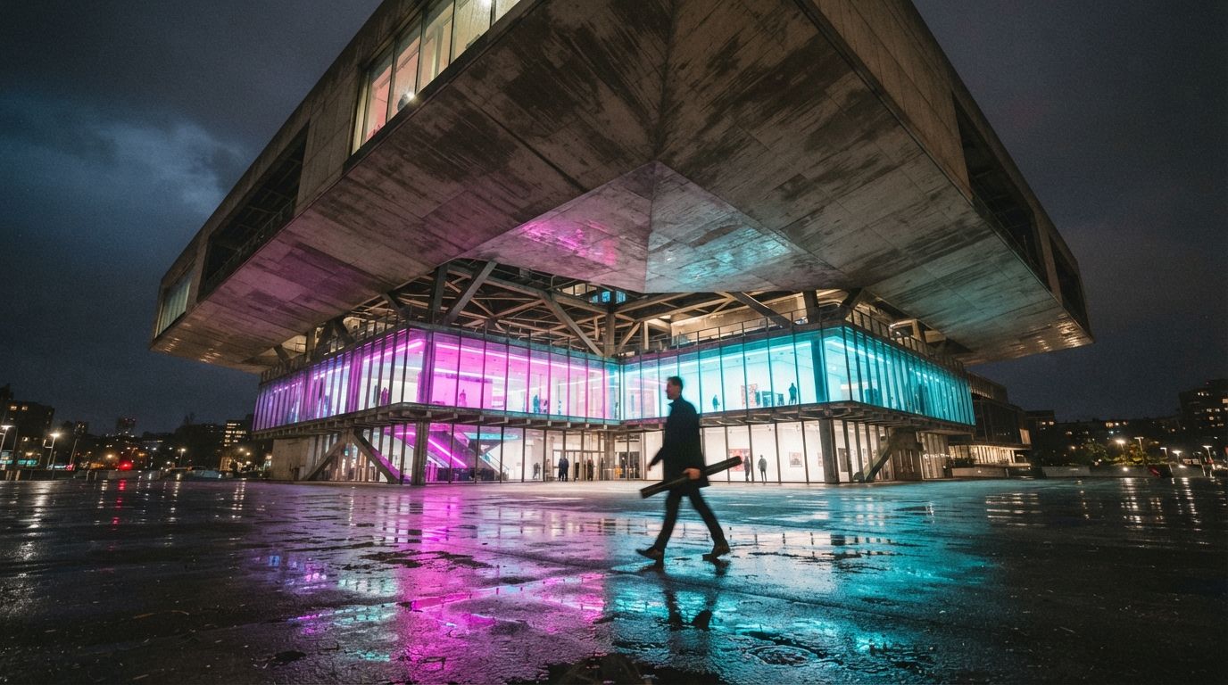 A worm's-eye view of a modern concrete building at night with neon lights reflecting on wet pavement.