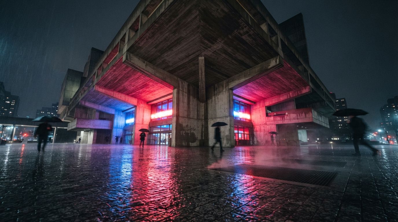 A low-angle night photograph of a rain-soaked plaza reflecting red and blue light against a cantilevered concrete building.
