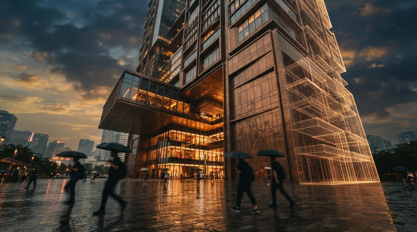 A worm's-eye view of a modern high-rise building dissolving into a digital point-cloud during a rainstorm.