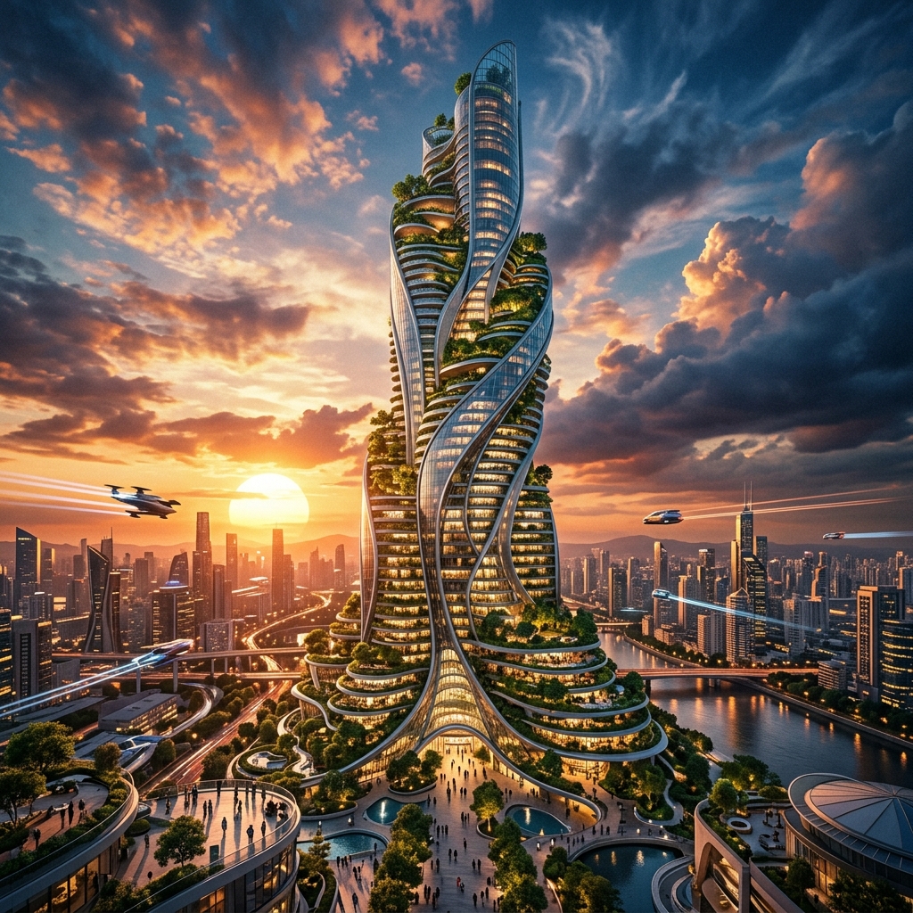 Epic cinematic architectural visualization of a futuristic skyscraper with organic green terraces