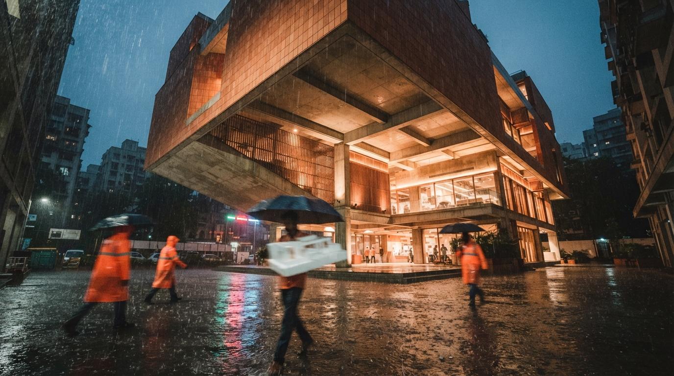 A low worm's-eye view of a wet courtyard and cantilevered terracotta building with rain reflections.