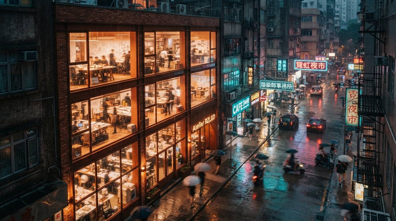 A high-angle view of a rain-slicked city street reflecting neon lights outside a multi-story glass architecture studio at dusk.
