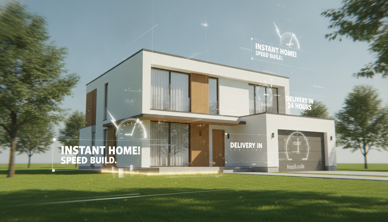 A modern cantilevered residential building dissolving into a digital point-cloud mesh during a misty dawn rainstorm.