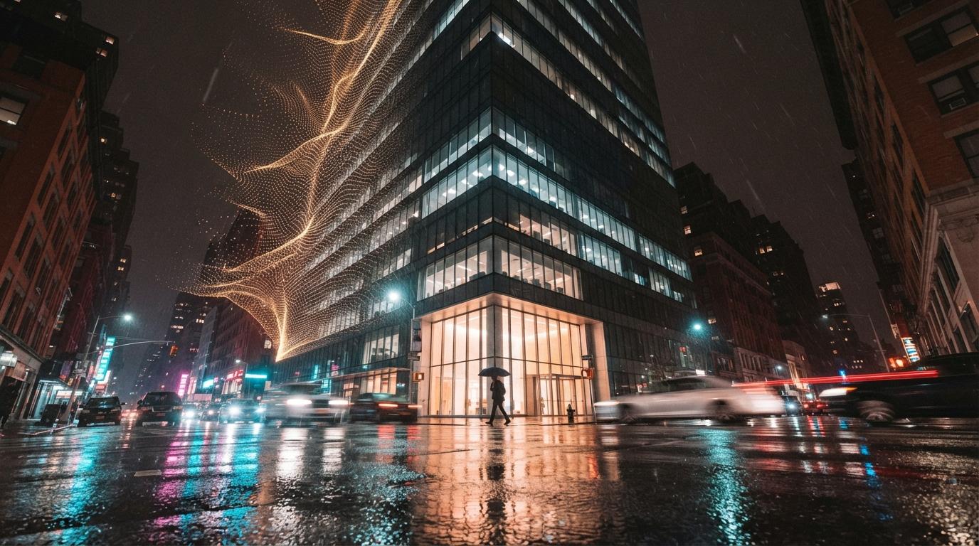 A low-angle nighttime view shows a glass skyscraper reflecting neon city lights off wet pavement.