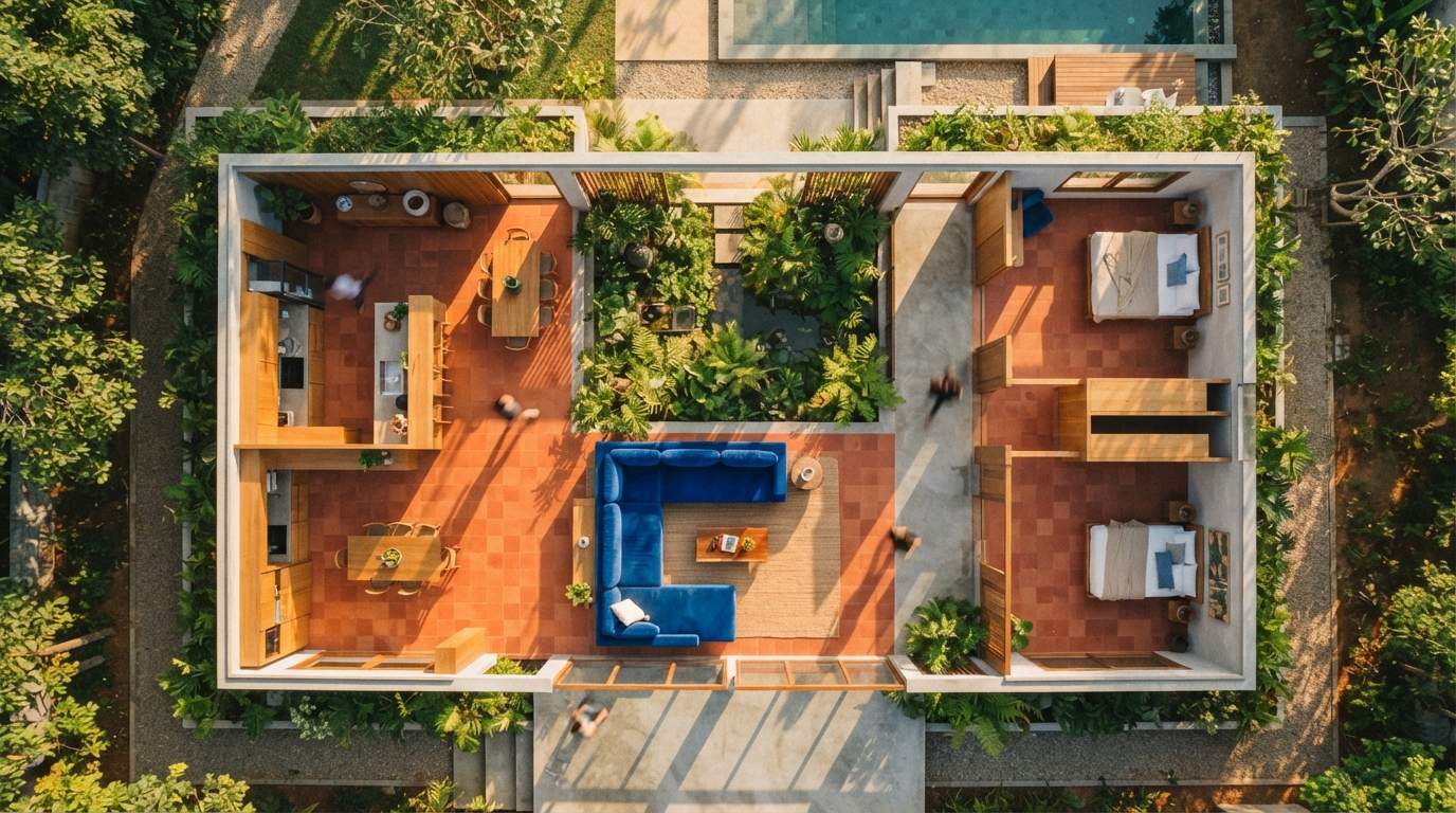 A straight-down drone perspective of a modern home interior featuring vibrant blue furniture and terracotta tiles.