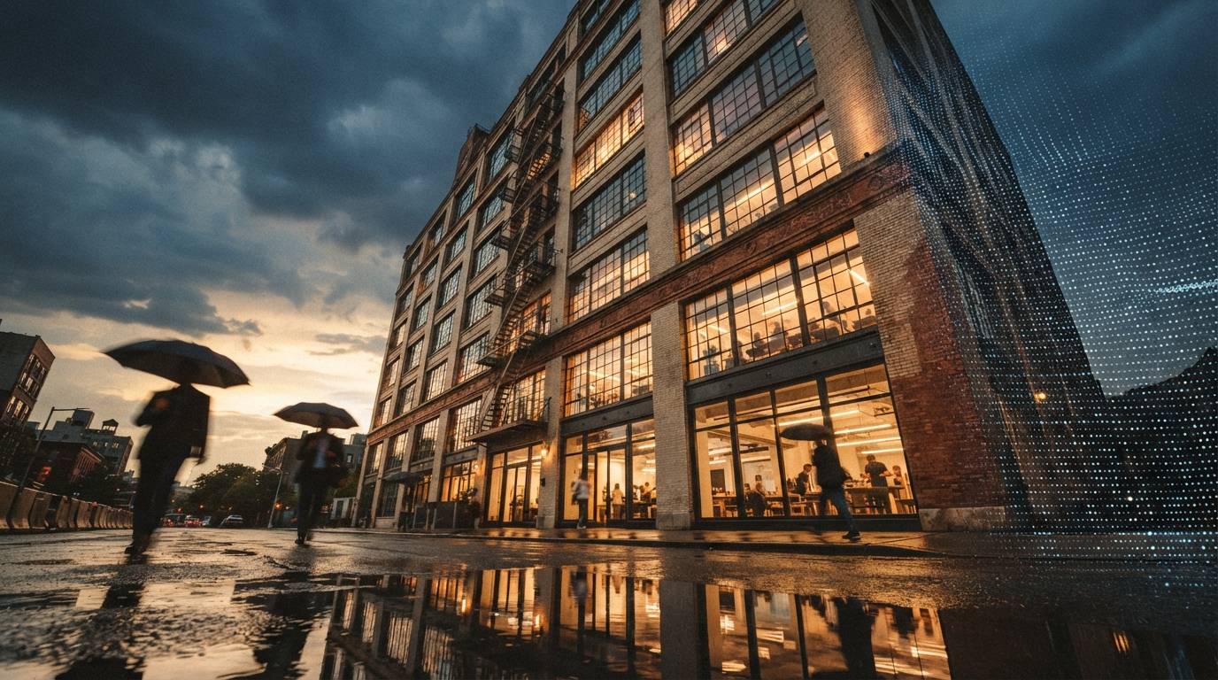 Low-angle photograph of an urban adaptive-reuse building reflecting in a wet pavement puddle as dusk light breaks through storm clouds.