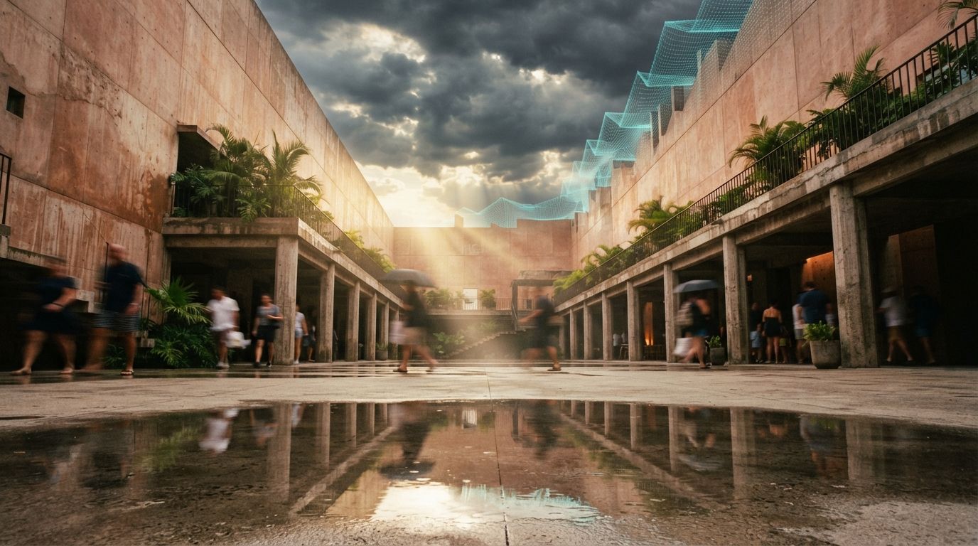 A low-angle photograph of a boutique hotel courtyard with wet concrete, storm clouds breaking overhead, and blurred figures in motion.