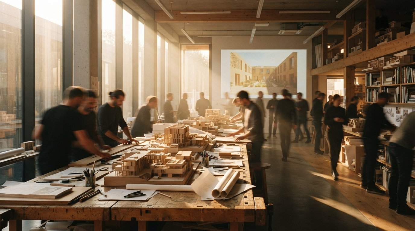 Architects work around physical models and projected designs in a sunlit design studio during late afternoon.