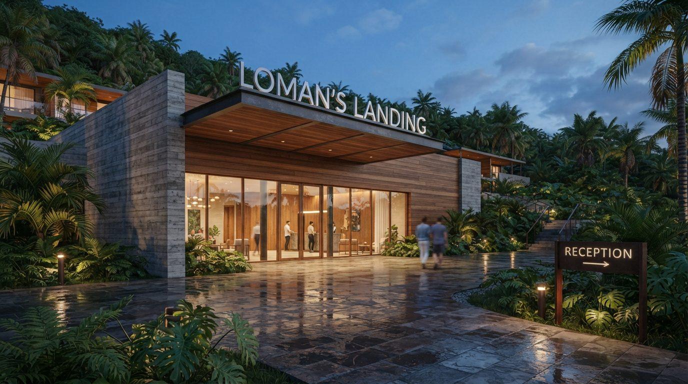 NB2 Lite bench output: a tropical resort reception at dusk with Loman's Landing signage rendered legibly