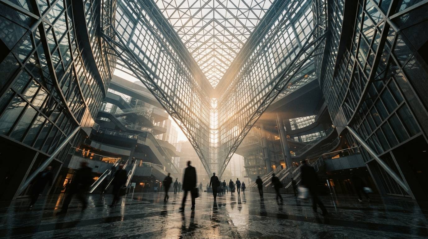 A worm's-eye view looks up through a soaring glass atrium as sunlight pierces a clearing storm.