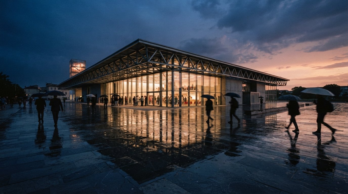 A rain-washed plaza in front of a modern glass building reflecting a dramatic dusk sky in large water puddles.