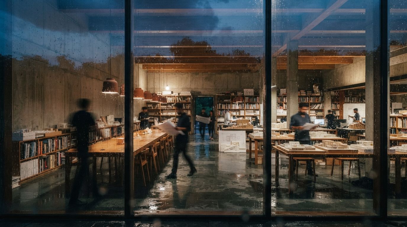 Architects move through a glass-walled concrete library during a clearing monsoon storm as rain reflections wash across polished stone floors.