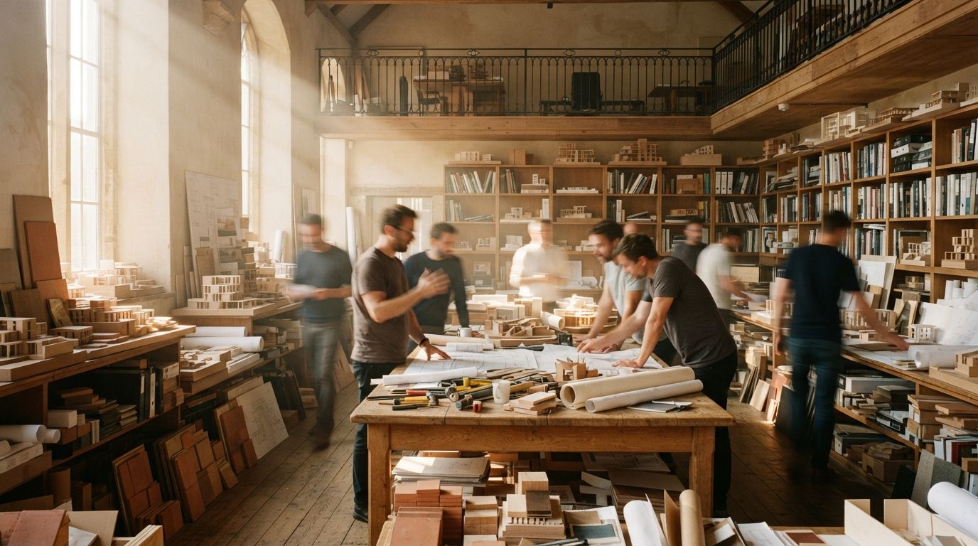 Architects review physical scale models in a sunlit high-ceilinged workshop.