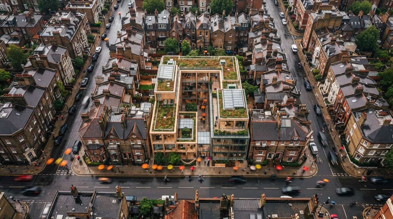An overhead drone photograph shows a modern architectural massing nestled into a wet, historic city block.