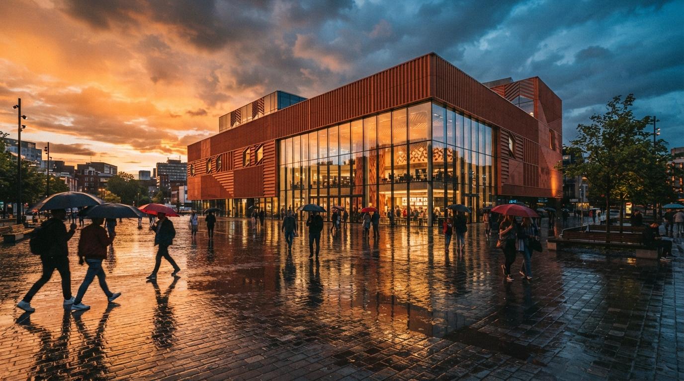 A wet urban plaza in golden hour sunlight after rain with pedestrians walking near a modern glass and terracotta building.
