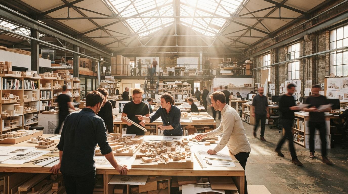 Architects review physical timber models in a high-ceiling daylight studio.