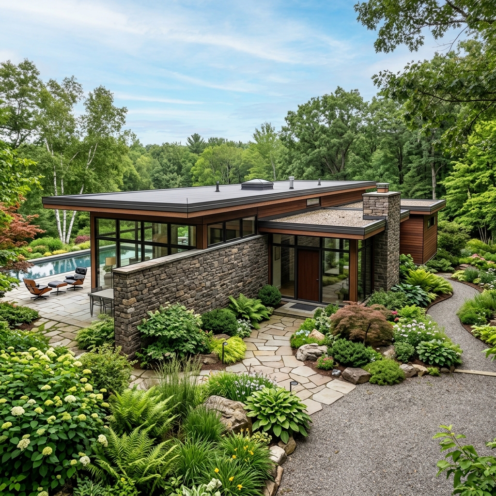 Clean sketch-to-photoreal architectural render of a mid-century modern house