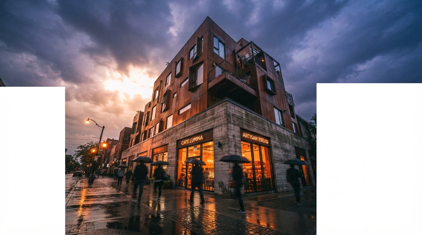 A low-angle photograph of a multi-storey Corten steel building reflected in street puddles during dusk after rain.