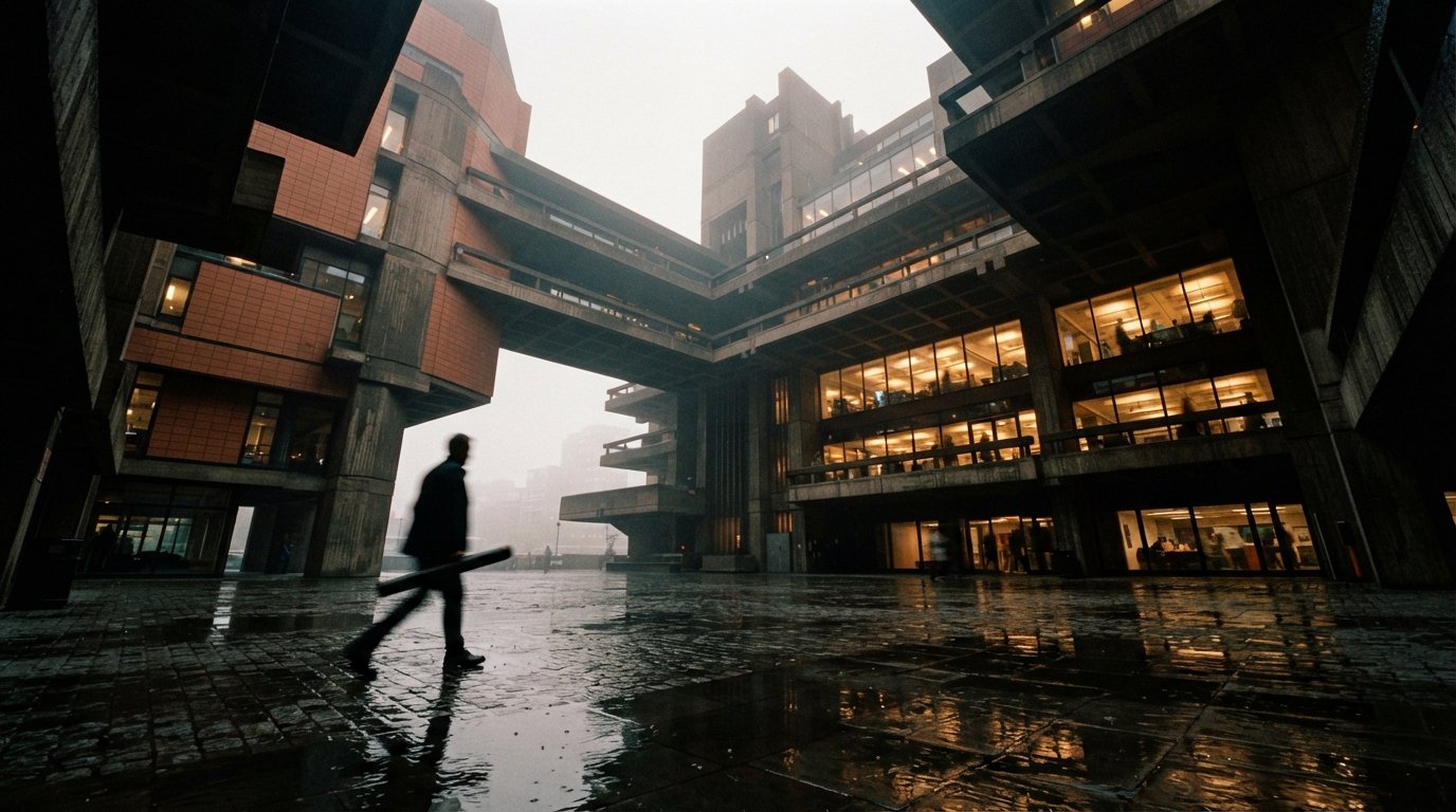 A low-angle view of a modern concrete and terracotta building reflected in wet plaza pavement under foggy dawn light.