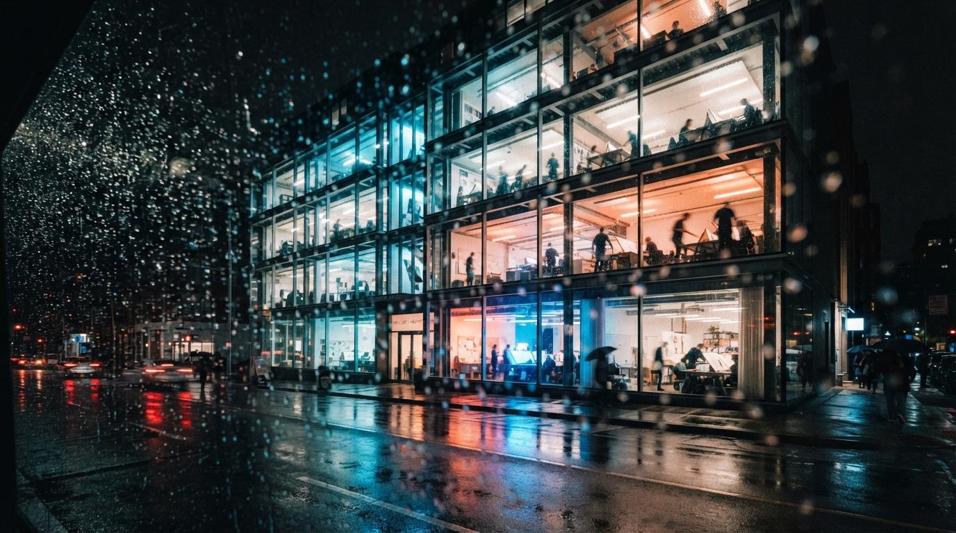A night photograph of a glowing architectural studio building reflected on rain-soaked pavement.
