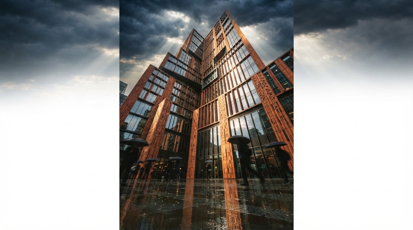 A low-angle photograph shows a modern terracotta building facade reflecting in rainwater on the ground as a storm clears.