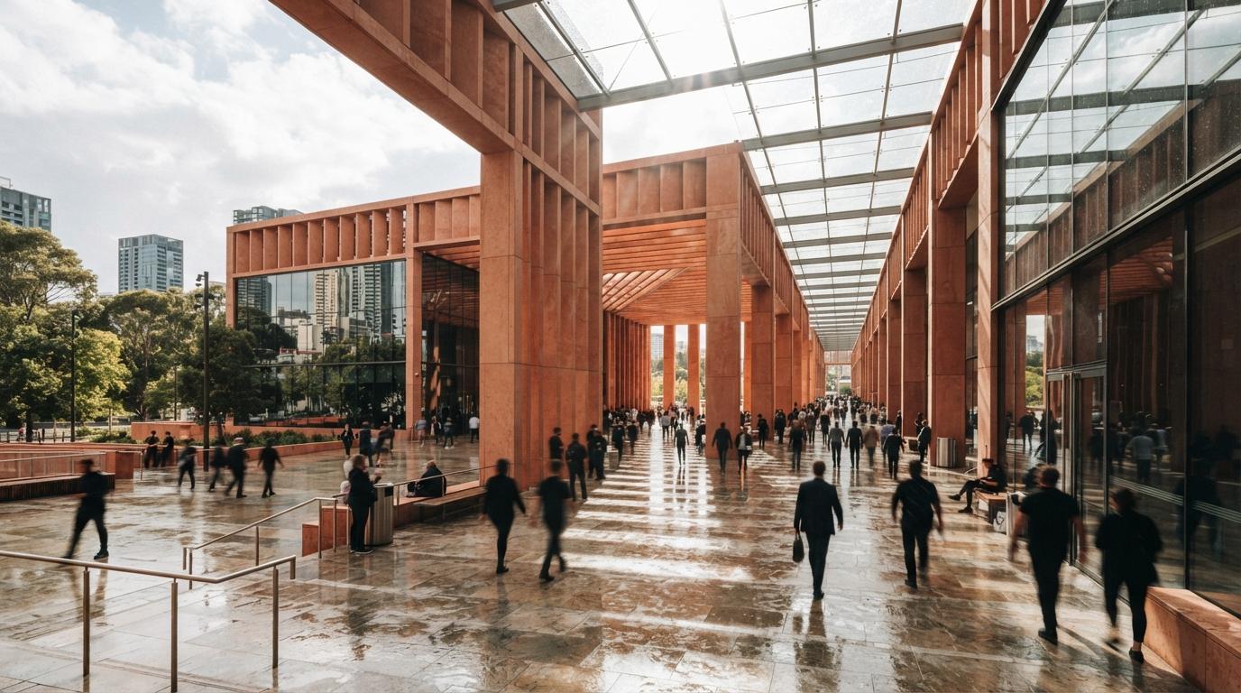 A busy terracotta concrete pavilion with bright midday sun shafts casting crisp geometric shadows across a wet plaza.