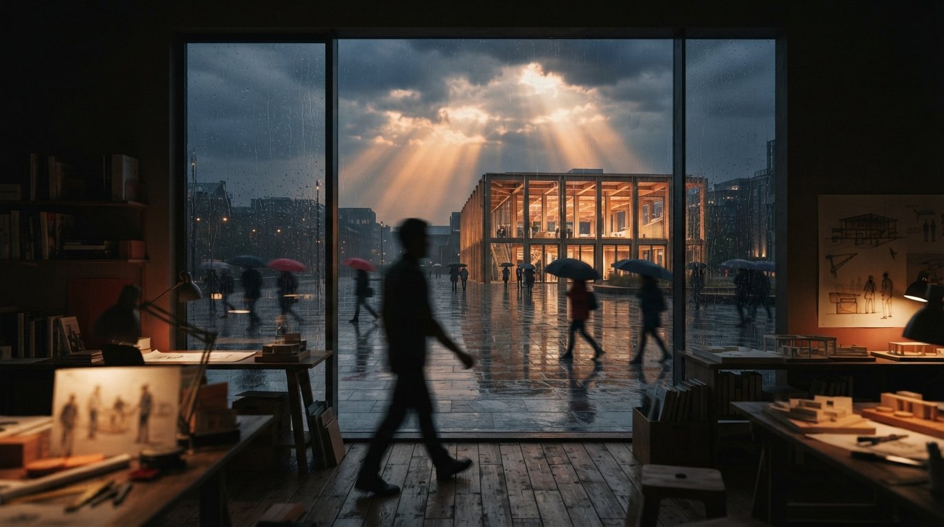 A rain-dappled view through glass shows a modern timber pavilion reflecting off a wet plaza under a clearing storm.