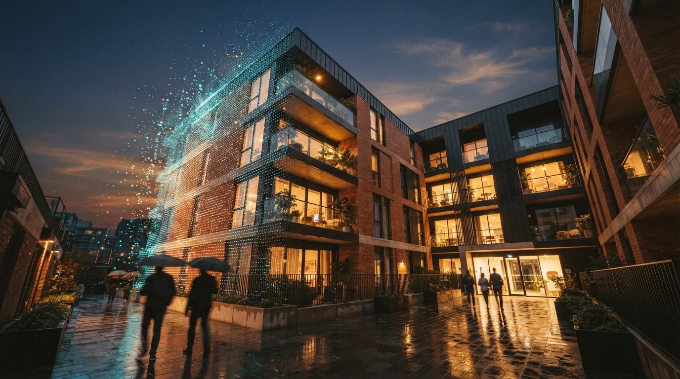 A low-angle view looking up at a brick residential courtyard building partially transitioning into a luminous wireframe model at dusk.