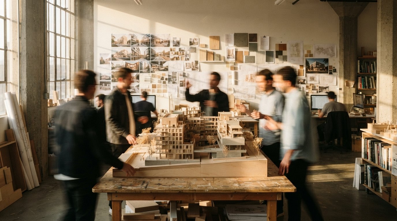 Architects collaborate around a large wooden physical model in a sunlit design studio with precedent photos on the wall.