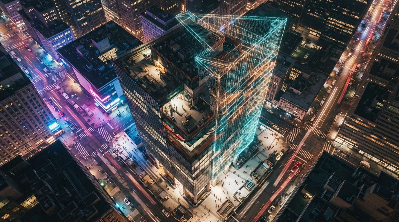 A top-down aerial photograph shows a skyscraper at night with part of its structure dissolving into a digital wireframe mesh above a wet city street.
