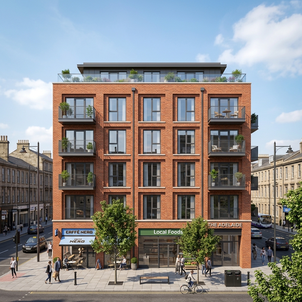 Rendair-style clean crisp facade render of a mixed-use brick apartment building