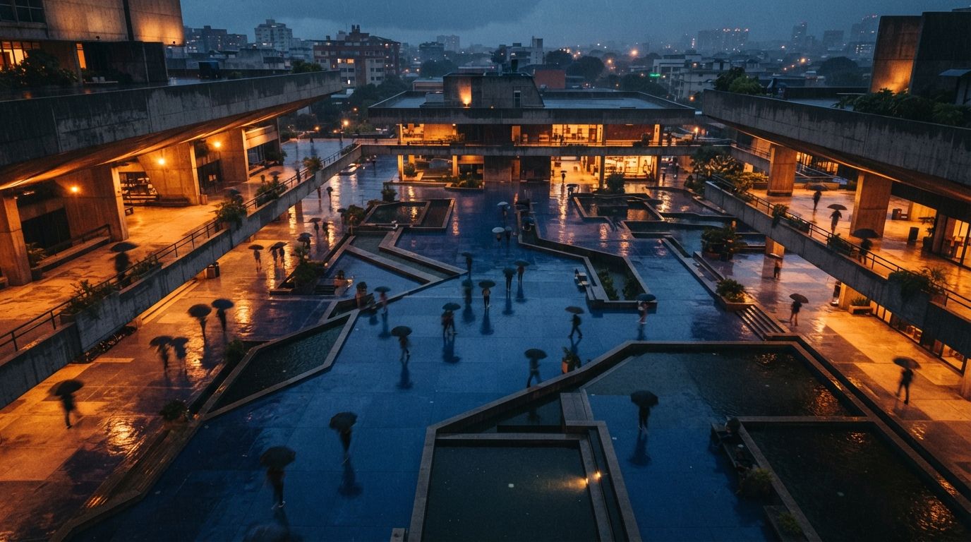 An aerial top-down view shows pedestrians crossing a wet modern plaza framed by architectural overhangs during a rainstorm.