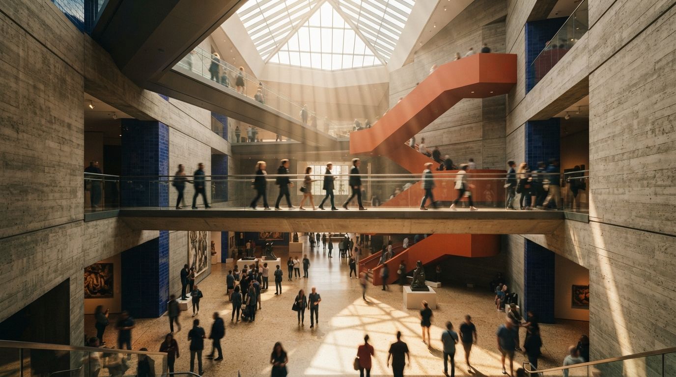 Visitors walk across skybridges inside a cavernous modern concrete museum illuminated by morning sunbeams.