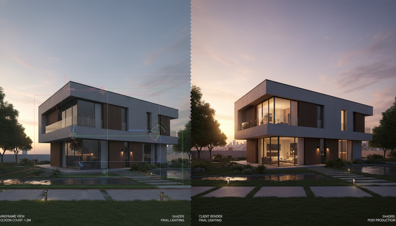 A modern concrete courtyard after a rainstorm transitioning into a cyan wireframe point-cloud vector grid on the left edge.