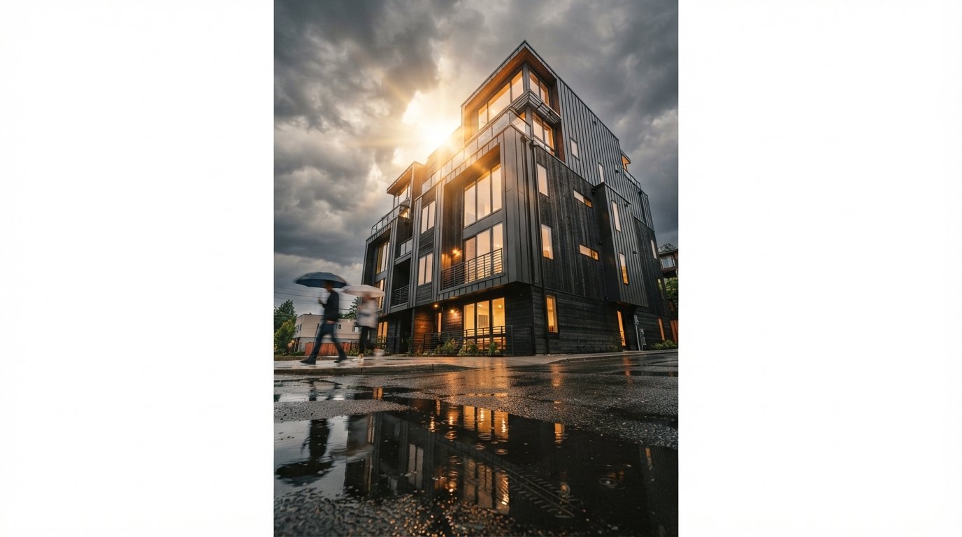 A low-angle view of a modern timber-frame apartment building after a rainstorm with sun breaking through dark clouds.