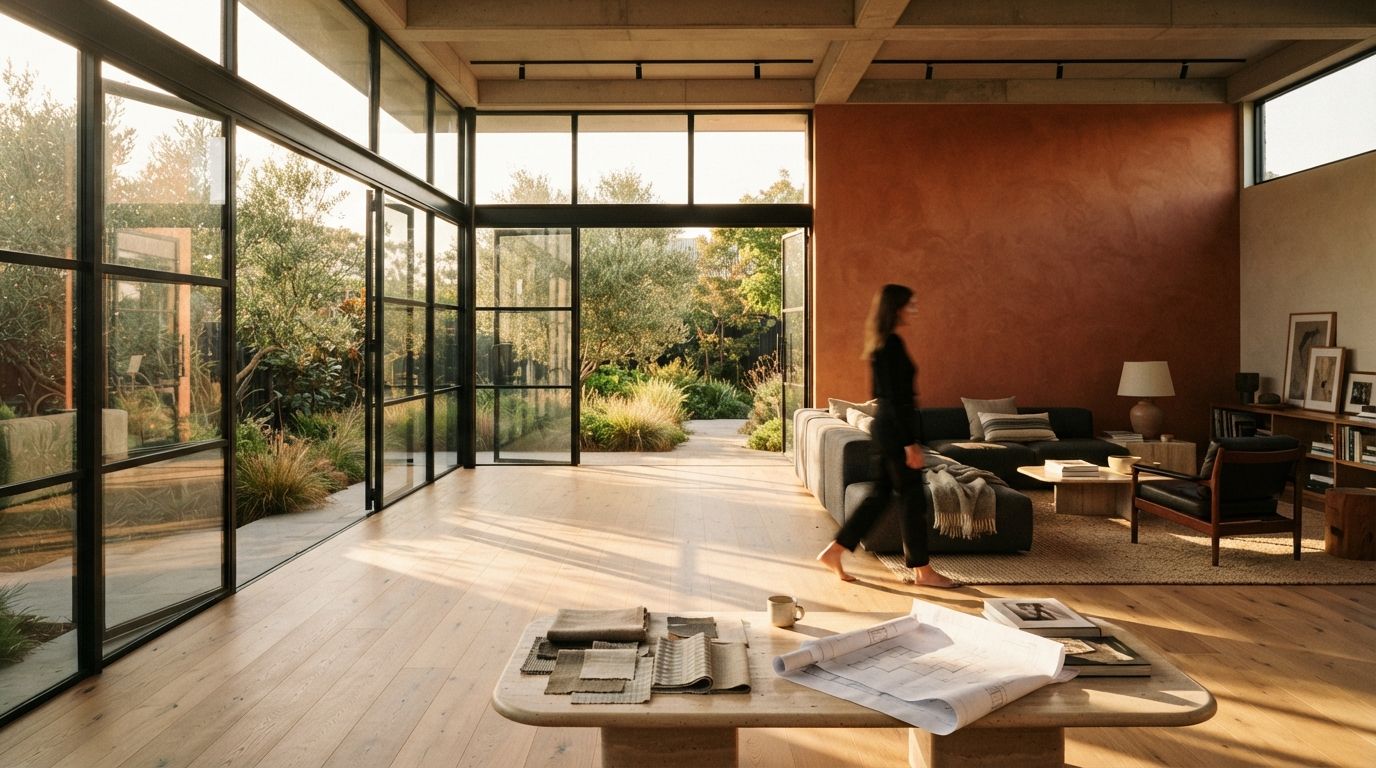 A modern residential interior featuring a charcoal sofa against a terracotta wall bathed in golden hour sunlight.