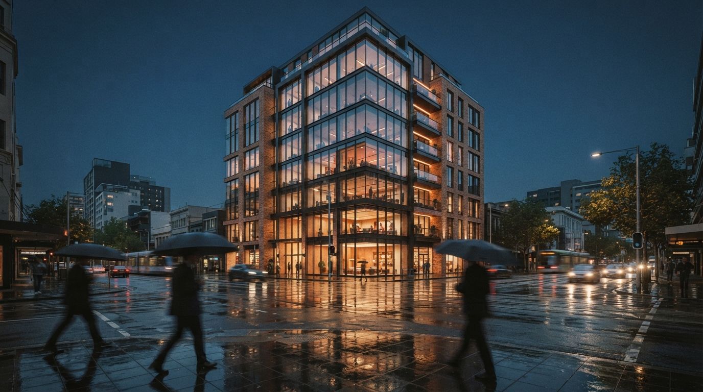A rain-slicked city intersection featuring a modern brick and glass building glowing at dusk with blurred pedestrians walking by.