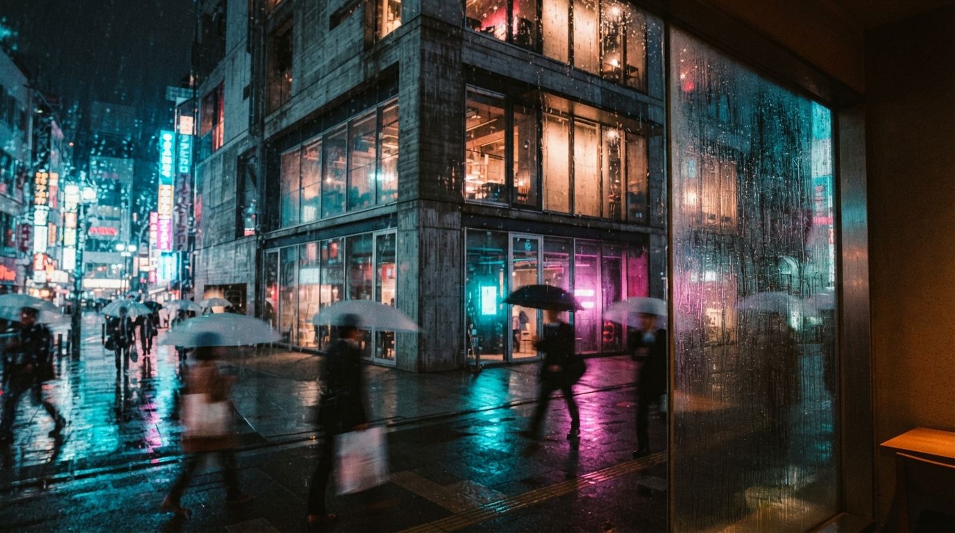 A contemporary concrete building facade reflecting vibrant pink and cyan neon lights on a rainy night, viewed through a wet glass window.